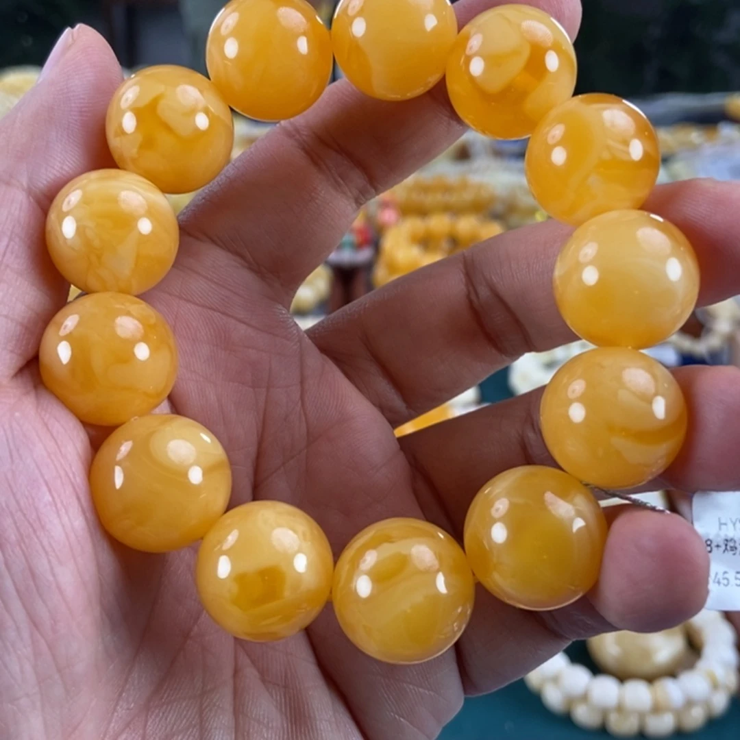 琥珀未镶嵌珠宝奇石18鸡油红妖花手串45.56