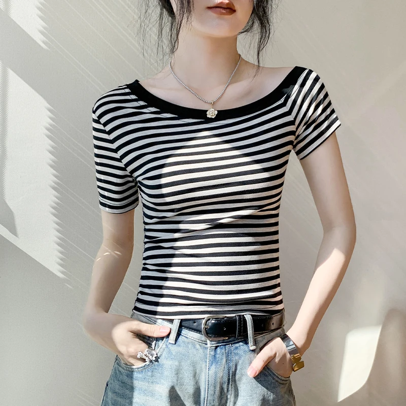 斜肩条纹短袖T恤女2025夏季新款修身显瘦ins别致小众露肩内搭上衣