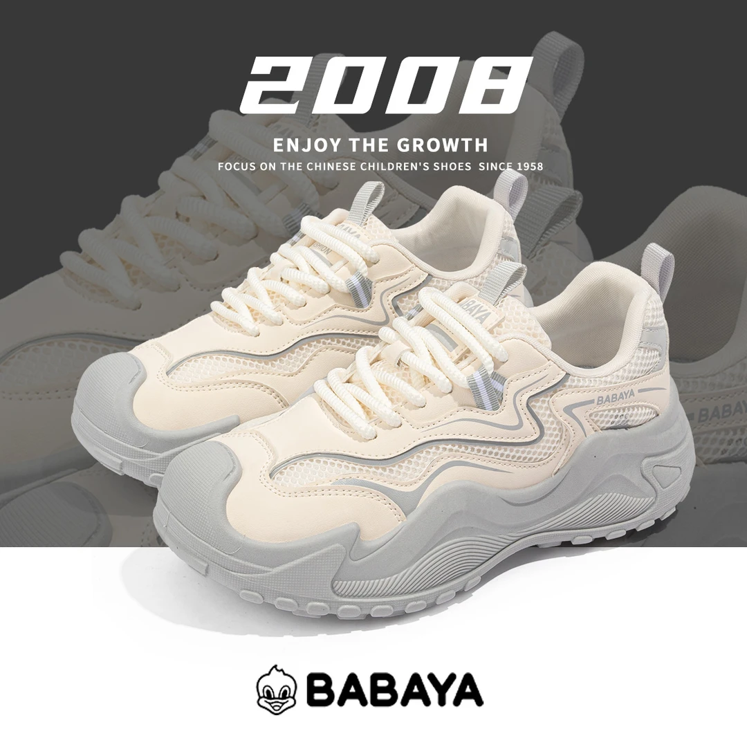 芭芭鸭女鞋2025春秋透气系带运动鞋休闲时尚厚底防滑耐磨轻跑韩版