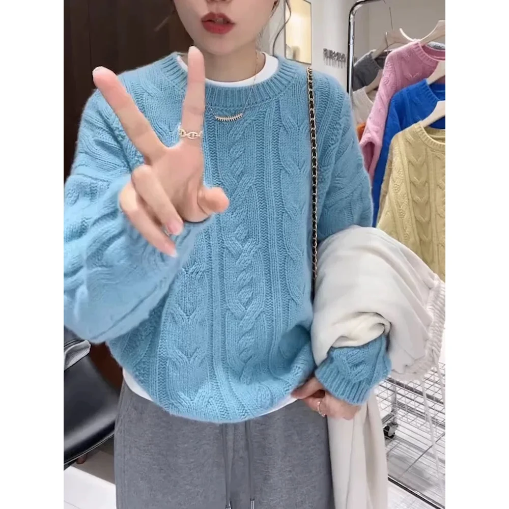 韩系慵懒风麻花毛衣女2024秋冬蓝色高级感宽松百搭软糯针织衫上衣