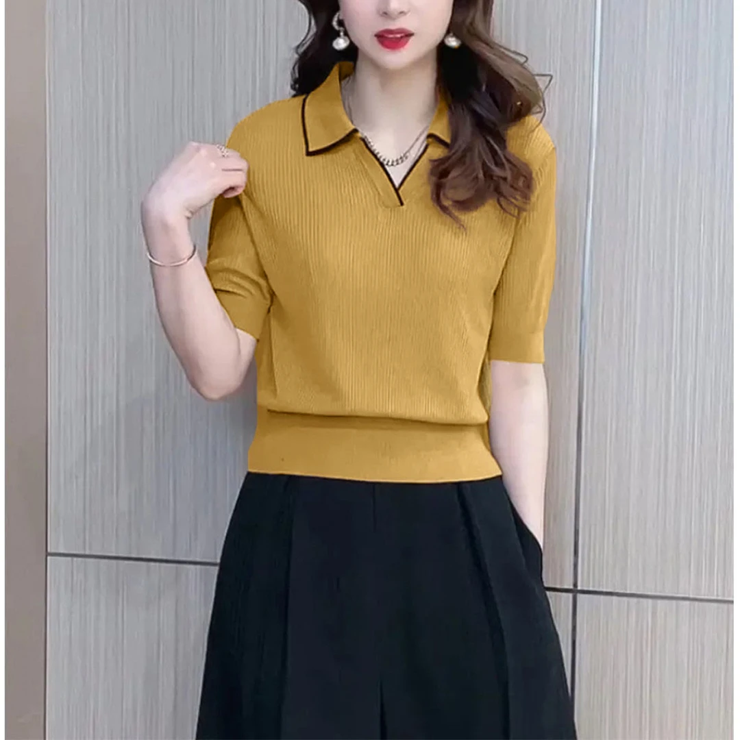 夏季新款时尚中袖上衣薄款拼色宽松显瘦polov领五分袖针织衫女