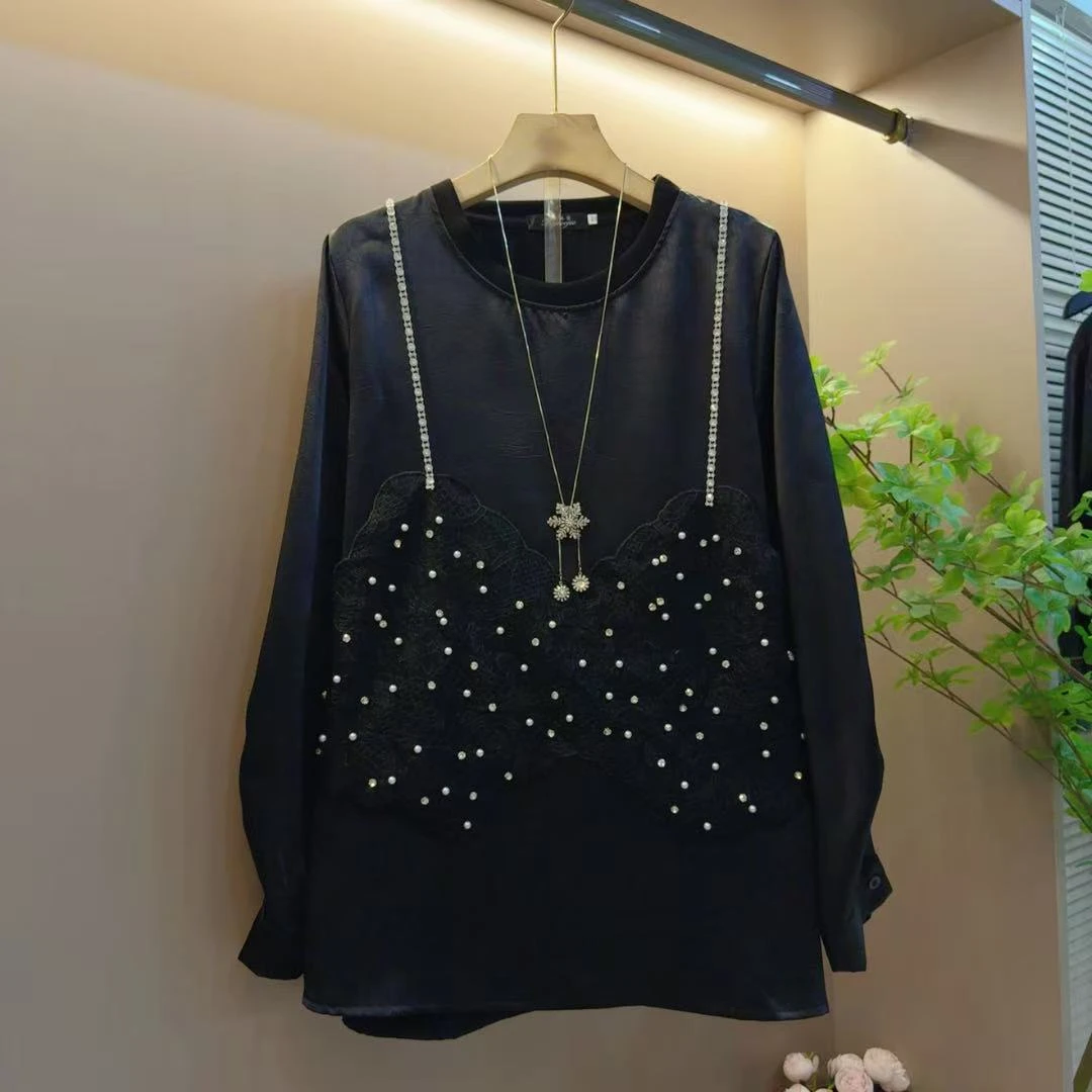 时尚新款圆领轻奢重工拼接假两件气质长袖宽松上衣（长70左右）