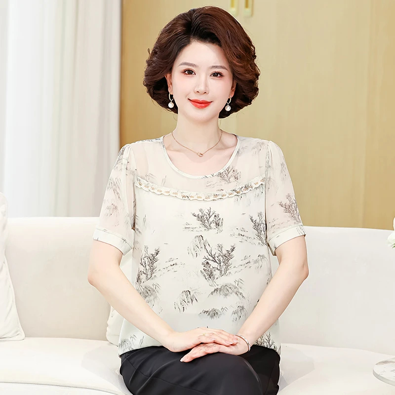 中年妈妈装时尚夏季洋气T恤小衫中老年女装圆领薄款气质上衣2519