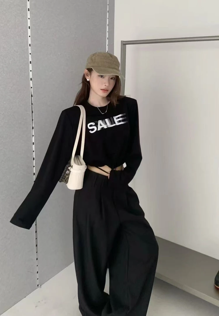 【大萱严选】新款早秋印花下摆抽绳圆领垫肩上衣