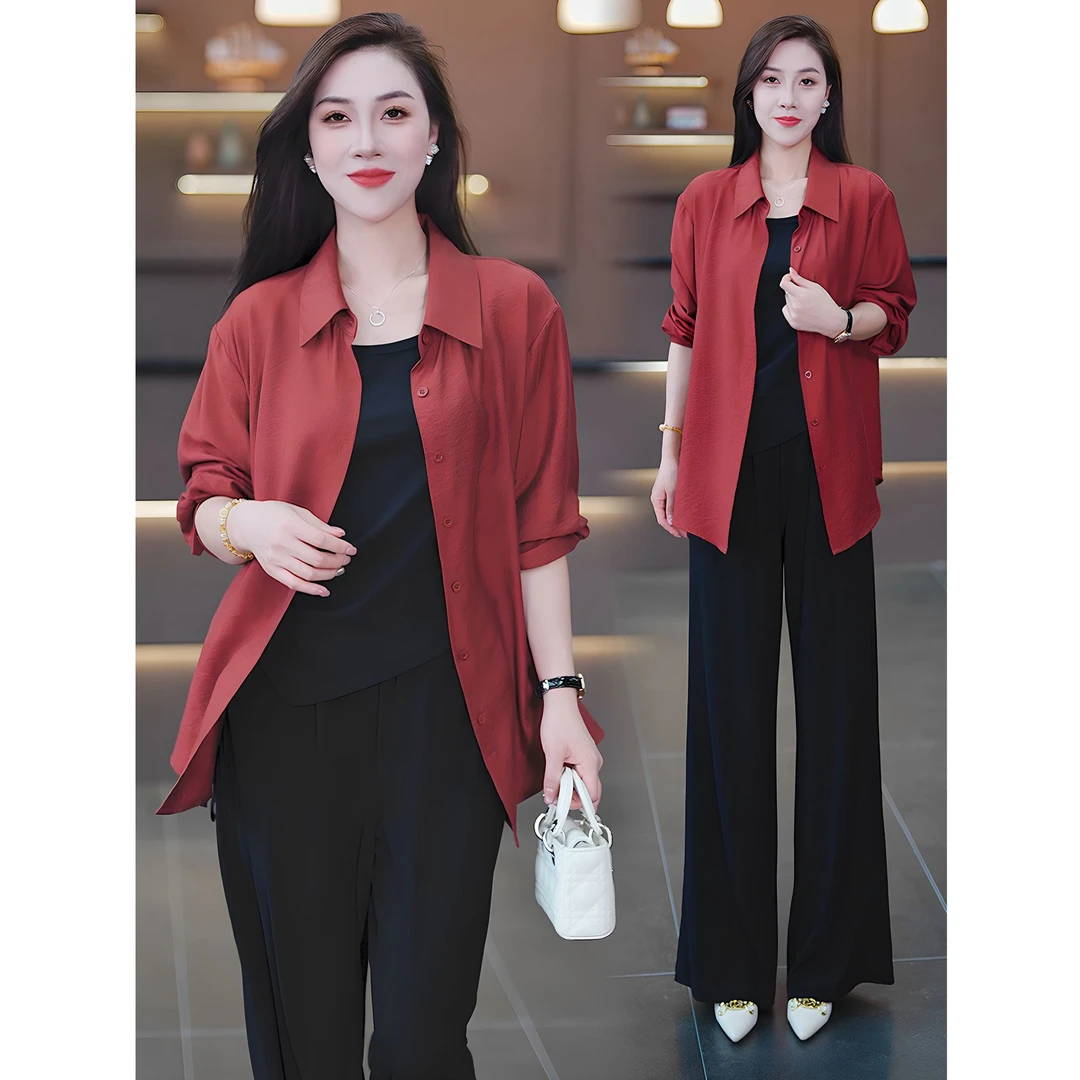 时尚套装女2025早秋新款显瘦减龄翻领长袖衬衫阔腿裤气质三件套潮