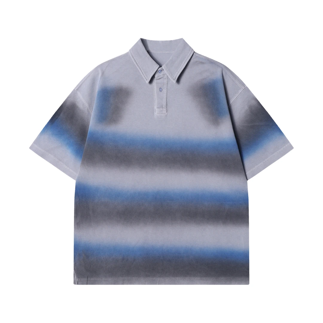 夏季高级感新款韩版条纹撞色polo领纽扣百搭男士商务通勤上衣