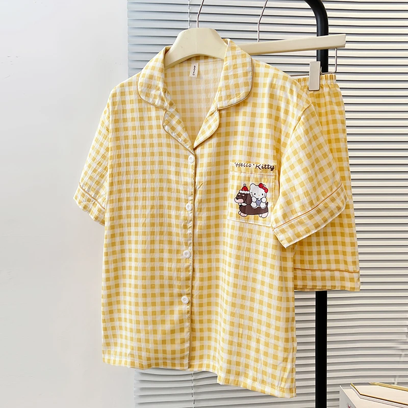 睡衣夏季2025年新款高颜值黄格KT猫慵懒风短袖短裤家居服套装