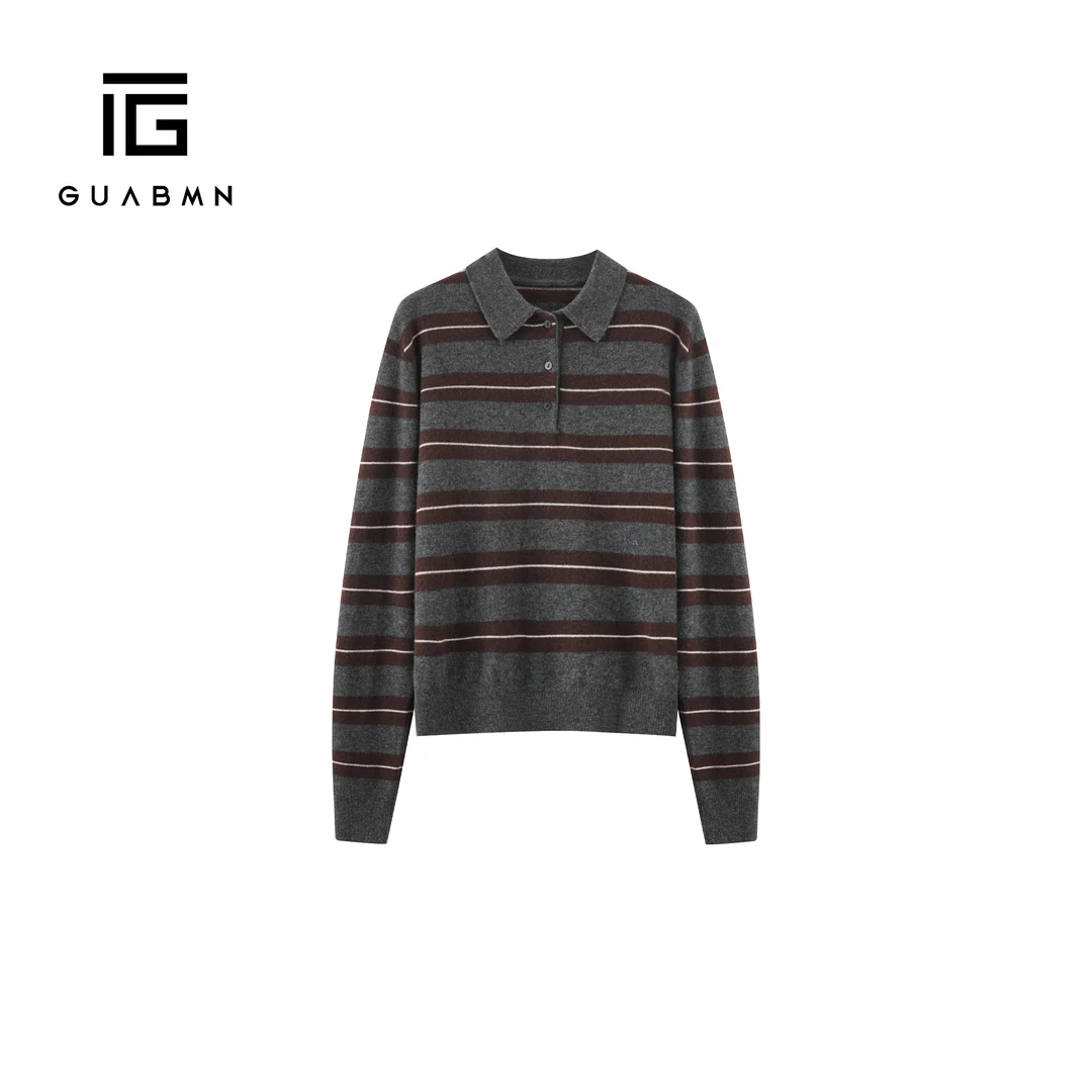 GUABMN2025秋冬新款撞色条纹宽松POLO领套头翻领针织衫毛衣6065