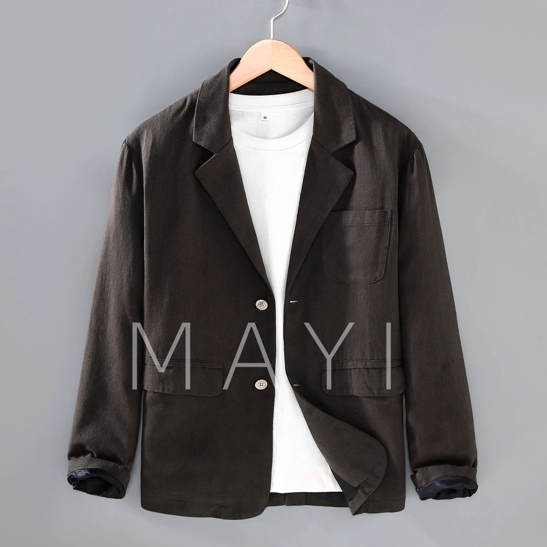 松弛慵懒老钱风纯色亚麻西服西装夹克舒适棉麻布料单西便服外套男