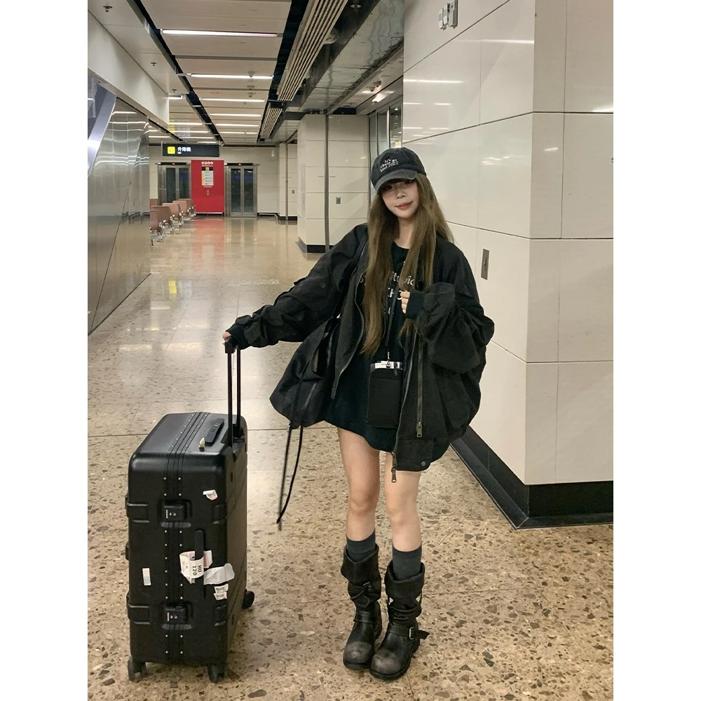 安火火美式覆古潮牌街头风多口袋宽松飞行工装夹克外套女春秋新款