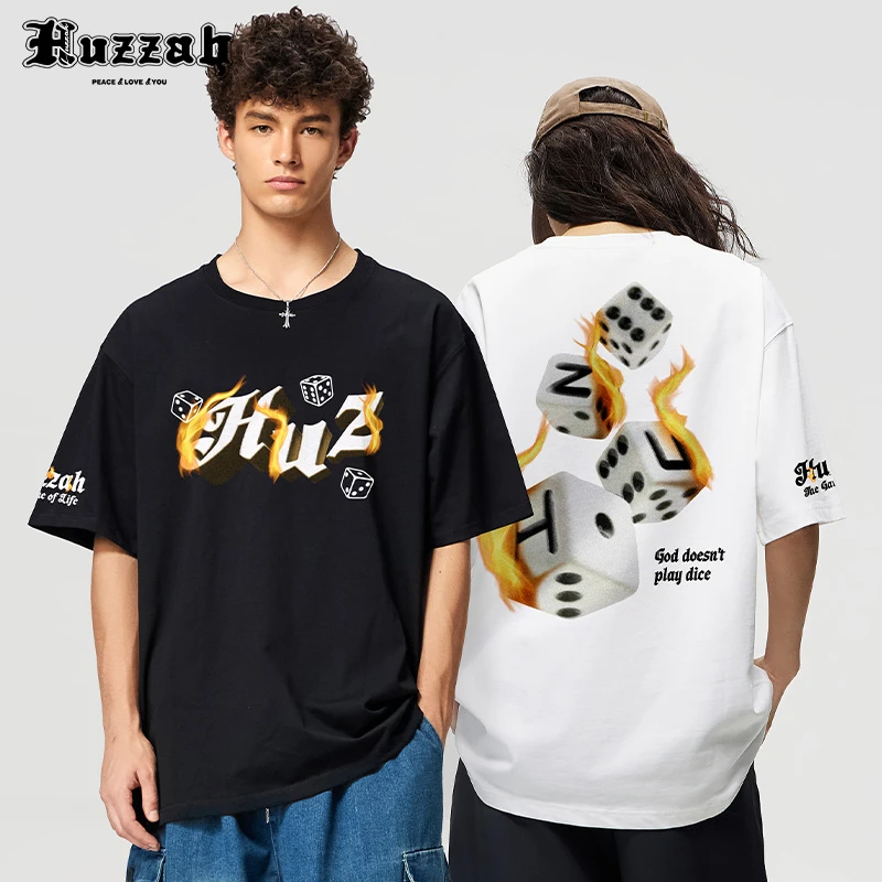 HUZZAH美式火焰骰子字母印花宽松圆领短袖T恤夏季男女同款