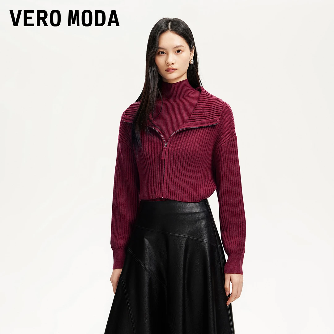 Vero Moda新年新衣红针织衫气质含羊毛真两件竖坑条针织324413080