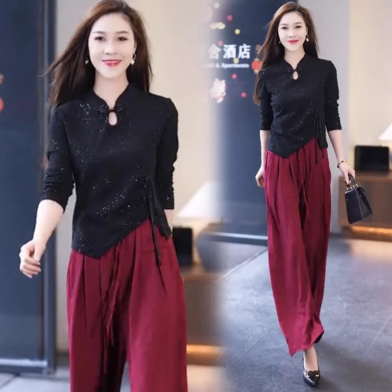 中式国风套装女春秋新款时尚休闲不规则复古盘扣上衣阔腿裤两件套