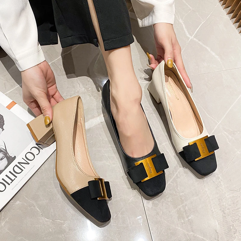 软皮高跟鞋女2025年新款春秋法式粗跟单鞋气质细跟通勤工作女鞋