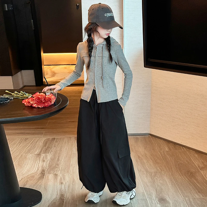 女童工装裤帽衫套装春秋2025新款女大童秋季长袖打底衫两件套潮酷