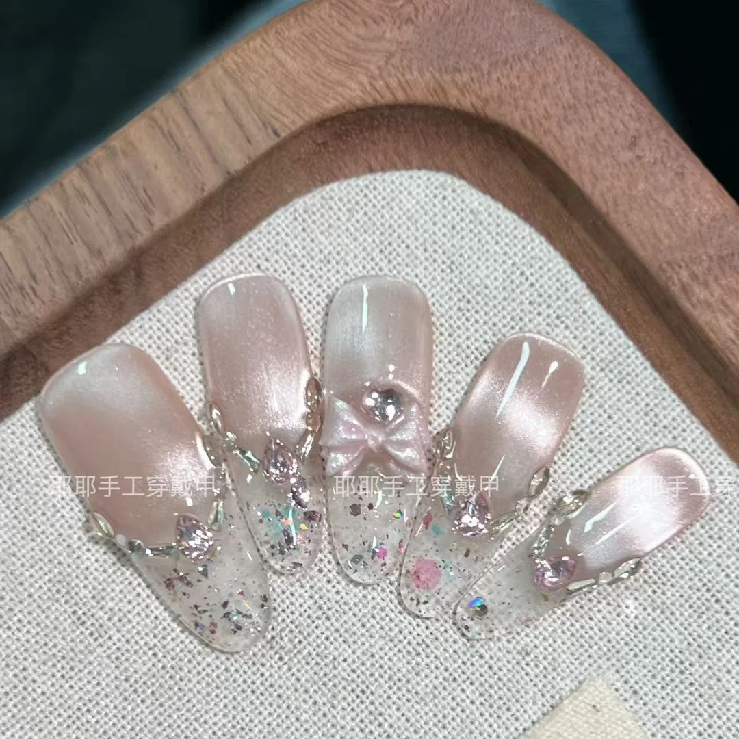 【芭蕾少女】冰透手工穿戴甲猫眼少女心甜妹风镶钻蝴蝶结美甲婚甲