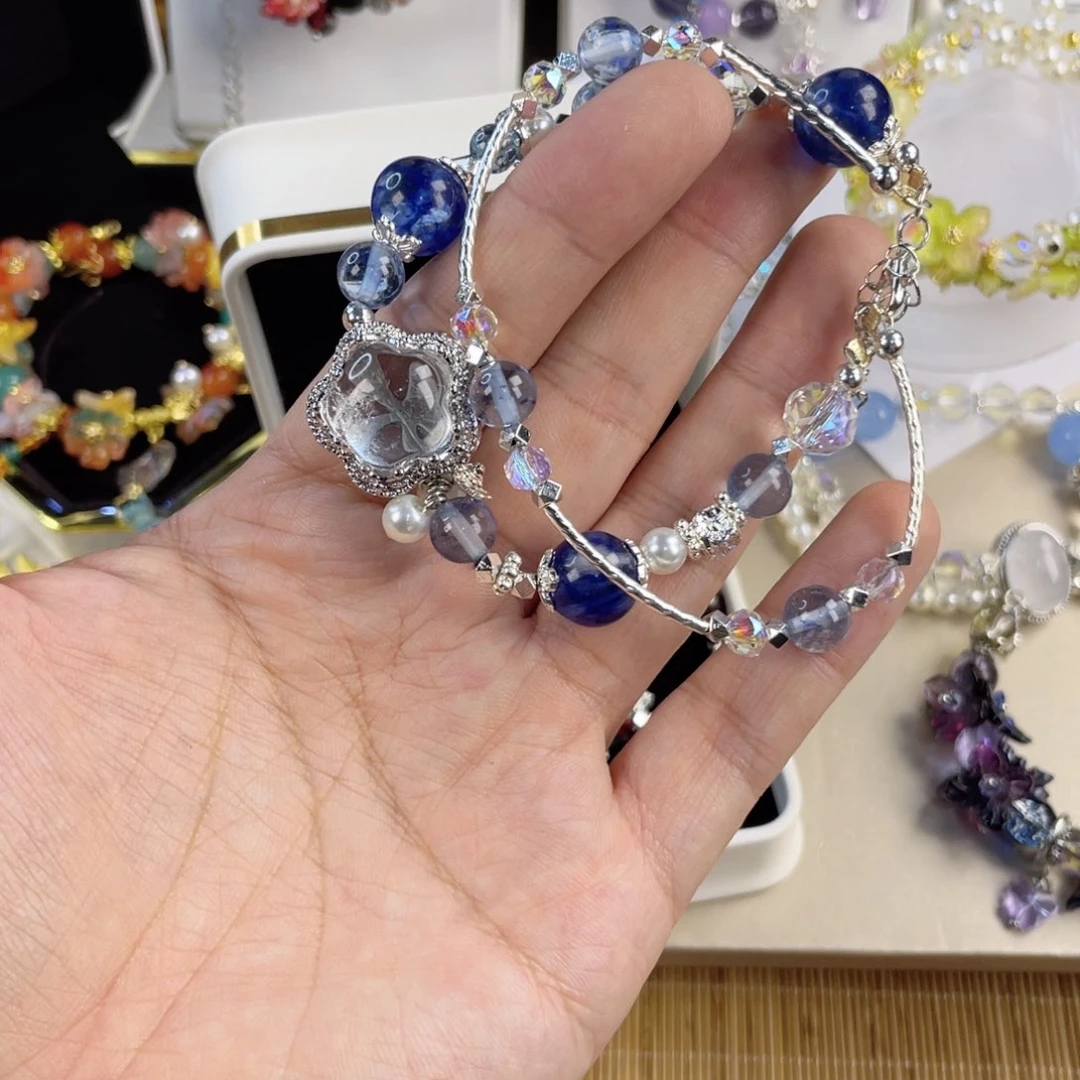 水晶手串银S800镀金镶嵌