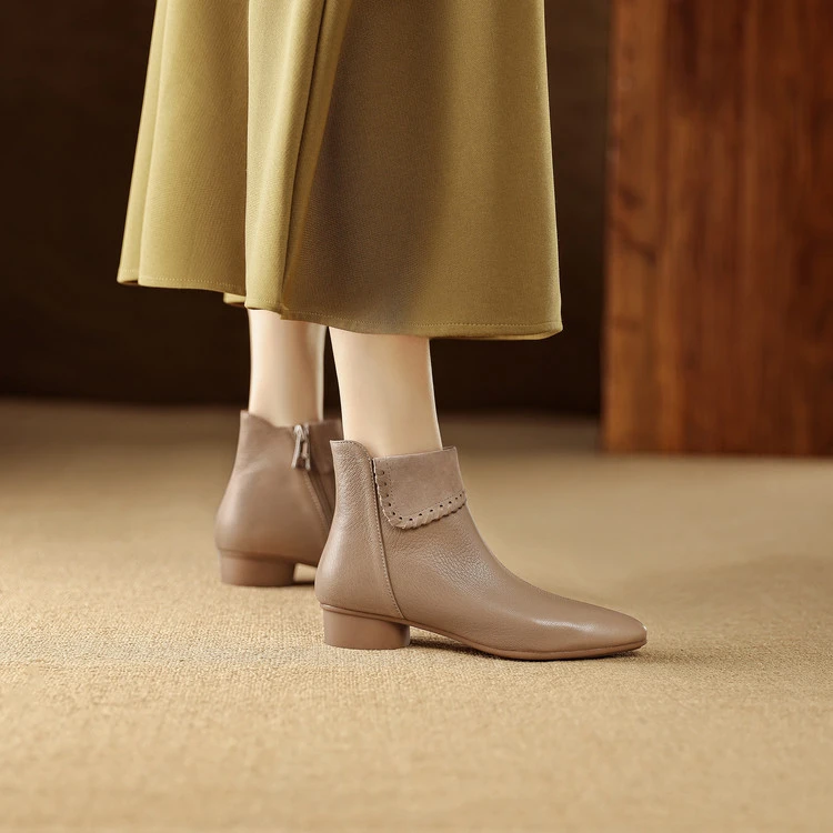 3cm 通勤休闲舒适百搭粗跟短靴秋冬法式气质简约时尚侧拉链瘦瘦靴