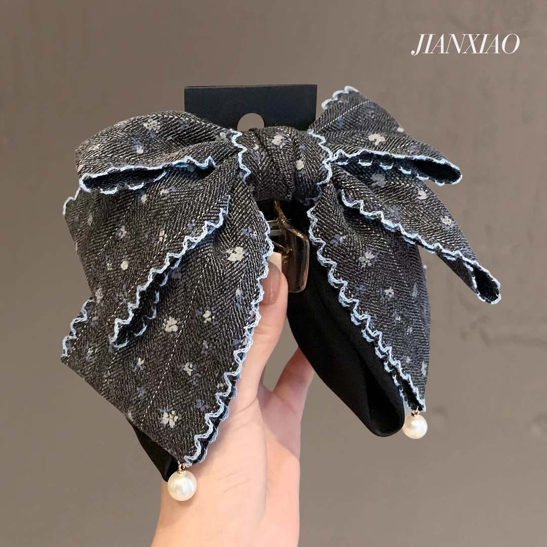 甜美布艺蝴蝶结珍珠马尾夹少女心撞色抓夹可爱盘发夹温柔发卡