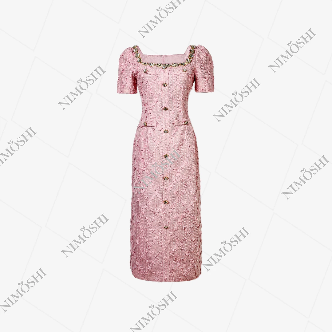 NIMðSHI【南油】洋气衣服女圆领镶钻气质显瘦款短袖连衣裙女Q1180