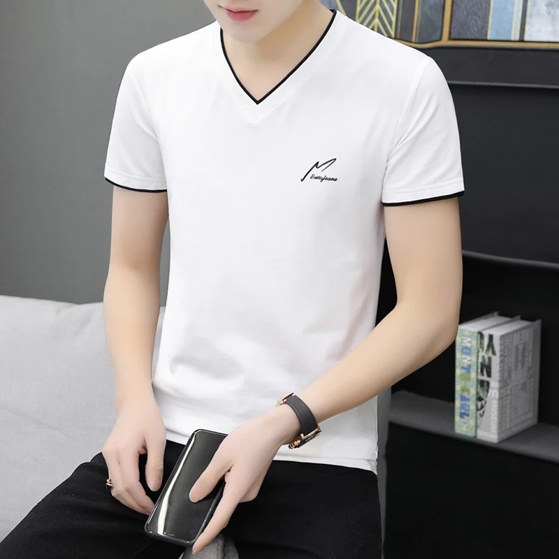 正品高品质纯棉T恤男士白色V领修身短袖上衣夏装打底衫鸡心领小衫