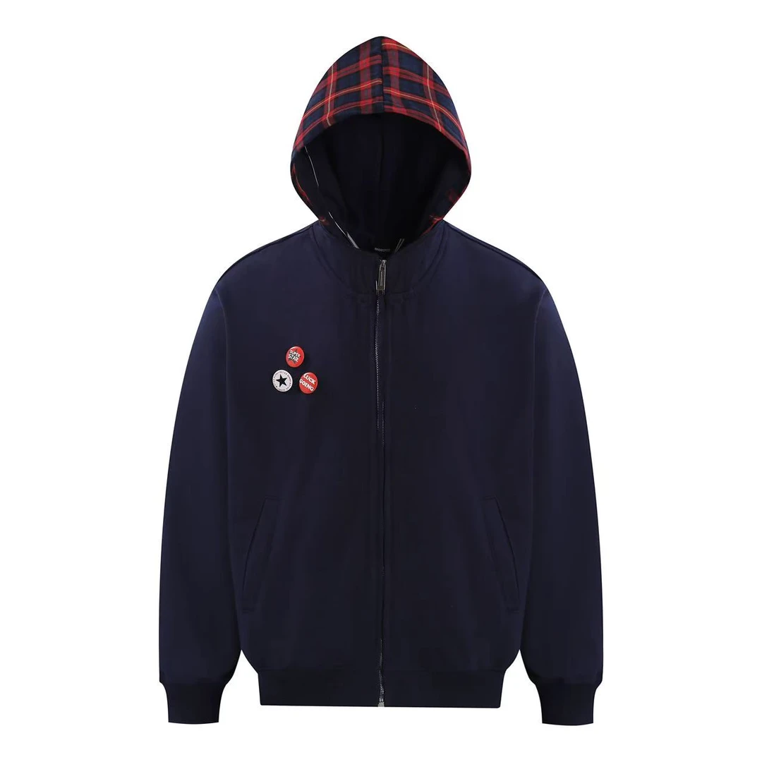 连帽开衫外套格子拼接