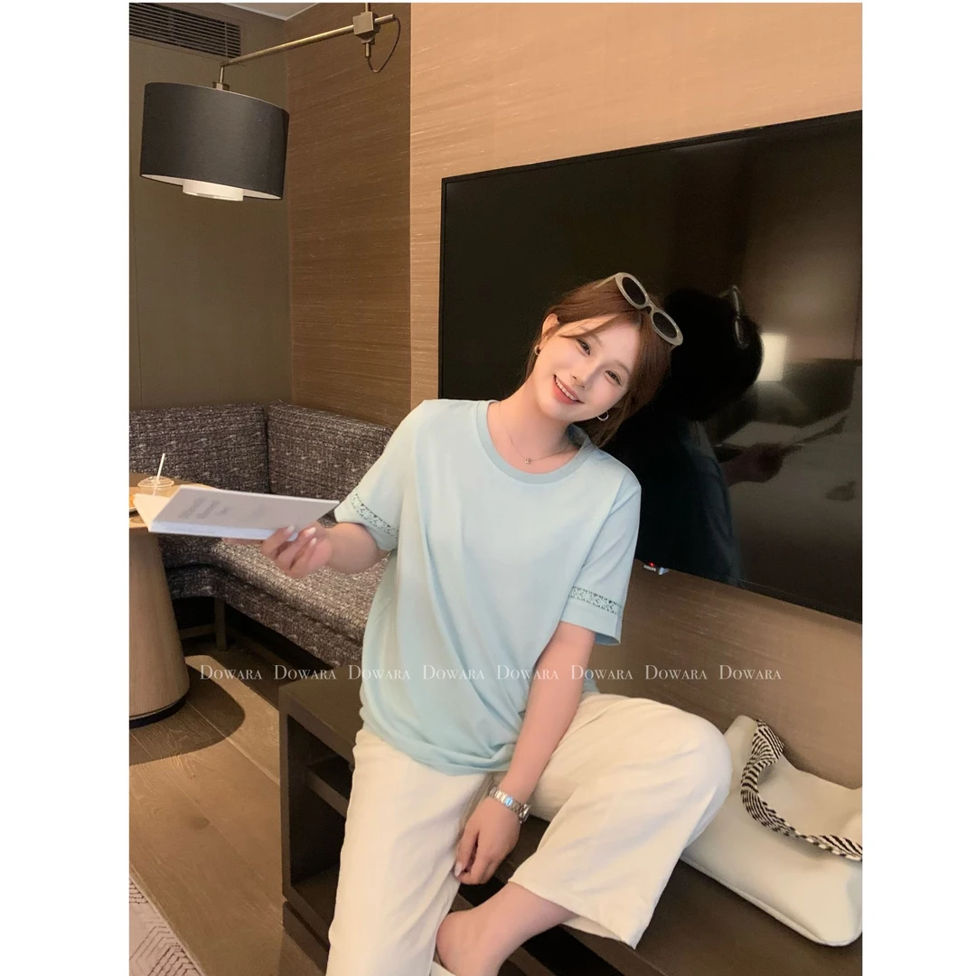 现货大婉酱微胖定制雪花棉圆领蕾丝拼接短袖T恤夏季宽松上衣9301D