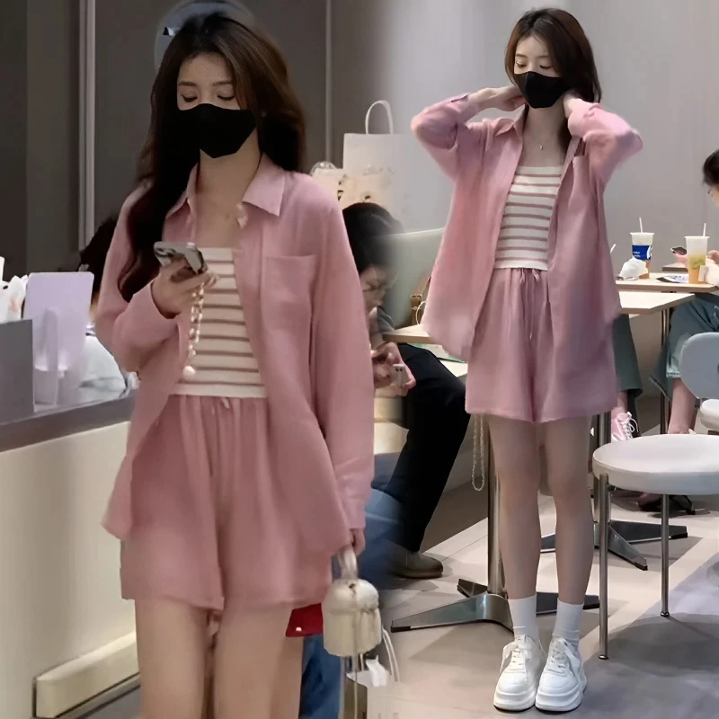 时尚防晒套装宽松休闲衬衫背心短裤夏季三件套网红洋气炸街女装潮