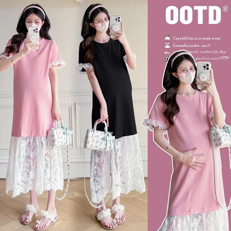 孕妇装夏季连衣裙2025新款显瘦法式蕾丝拼接气质设计款短袖女裙子
