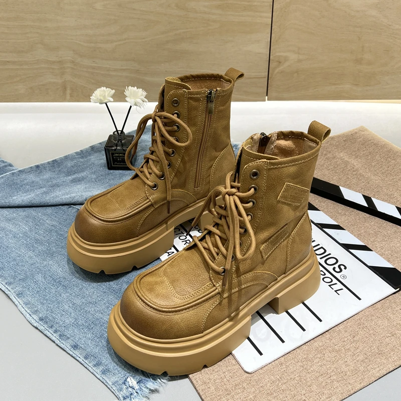 欧货马丁靴女新款春秋英伦风厚底增高短筒单靴复古工装大黄靴女款