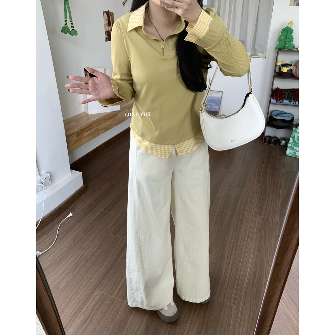 QINGYUS-格子拼接长袖T恤设计感假两件上衣微胖显瘦春季大码女装