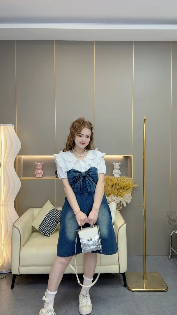2511夏季新款胖mm遮肉显瘦蝴蝶结两面服减龄甜美两件套装