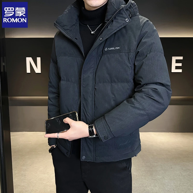 Romon/罗蒙拼接款冬季男士羽绒服2025新款连帽时尚短款保暖男外套