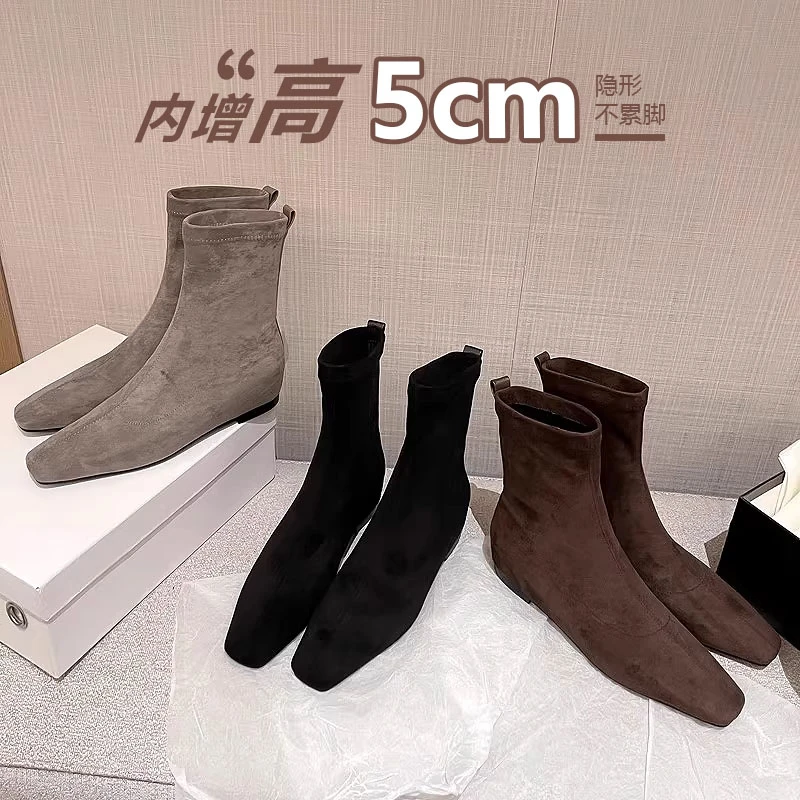 真皮内增高小个子复古方头绒面粗跟短靴女2024秋冬新款瘦瘦靴裸靴