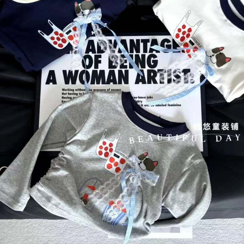 2025秋季新品女童长袖t恤甜美洋气抽皱时尚百搭打底圆领T恤上衣