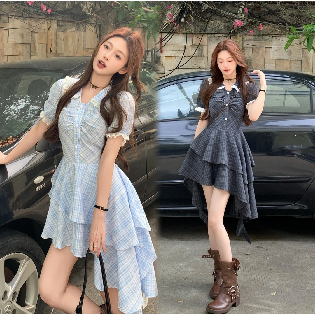 实拍~大码女装夏季甜美复古设计感不规则气质收腰约会格子连衣裙