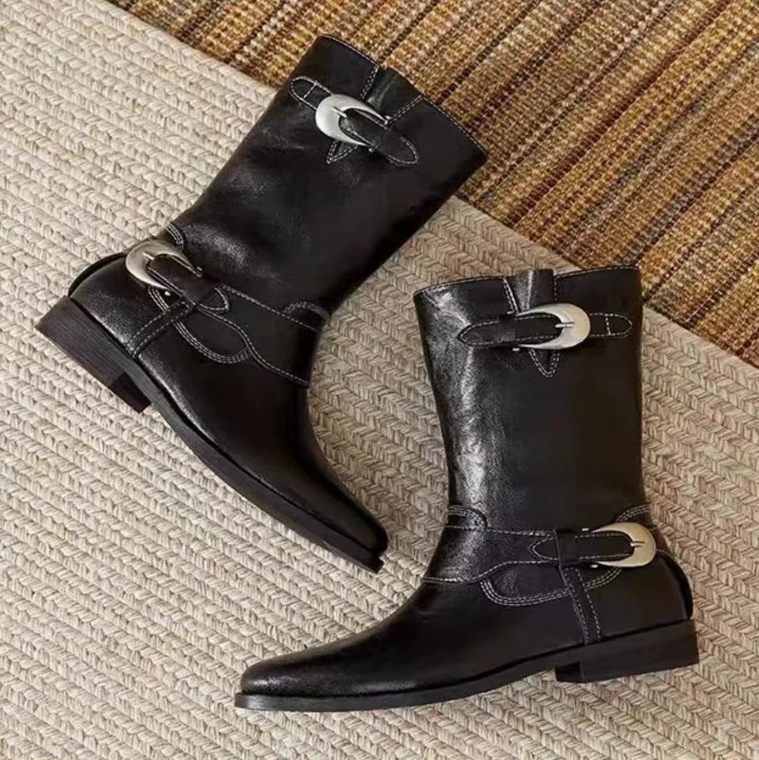 秋冬新款2024时尚休闲气质百搭真皮女士时装靴 0515