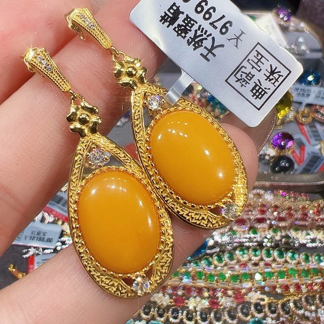 蜜蜡银S925镶嵌耳饰