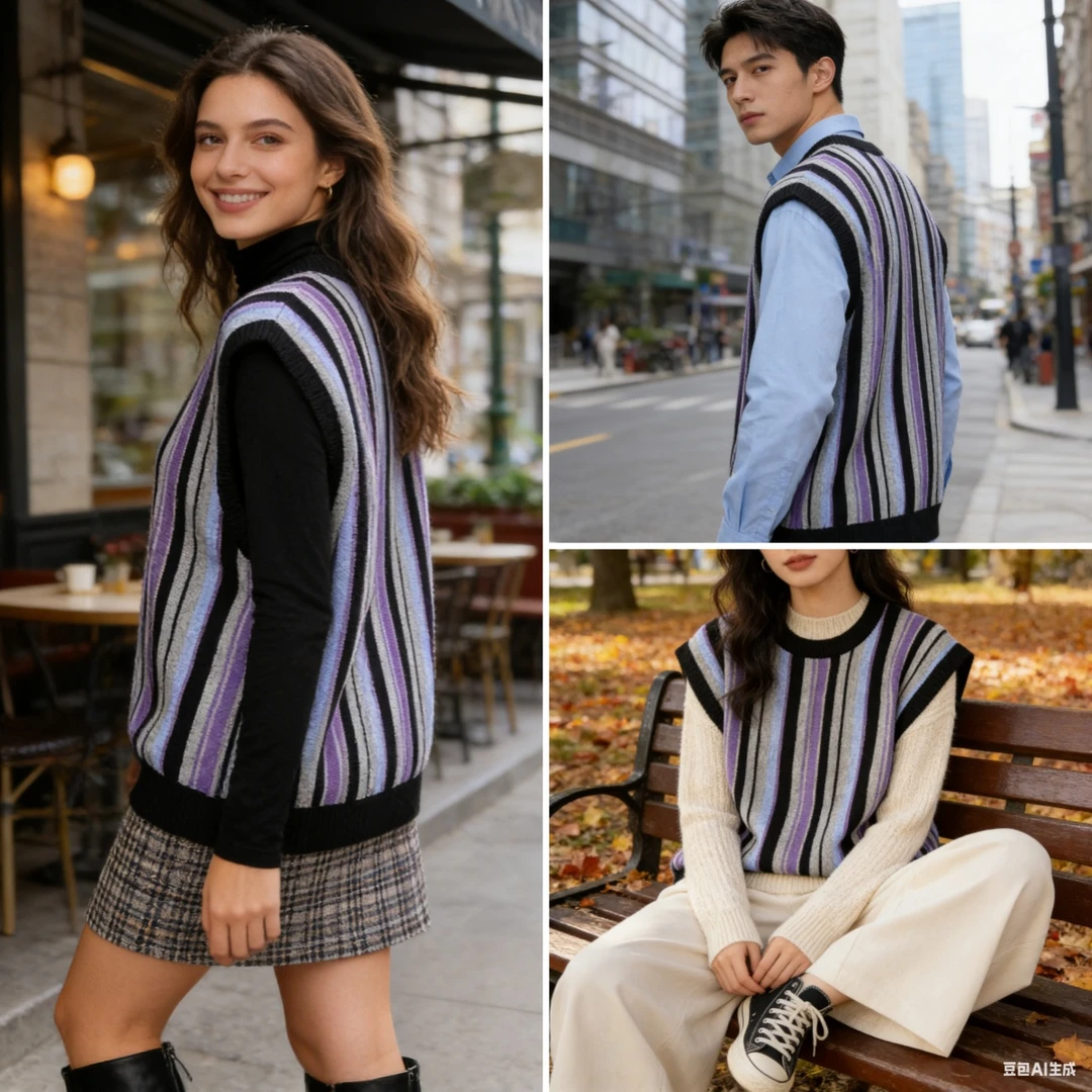 针织长袖条纹毛衣马甲简约撞色时尚23M027男
