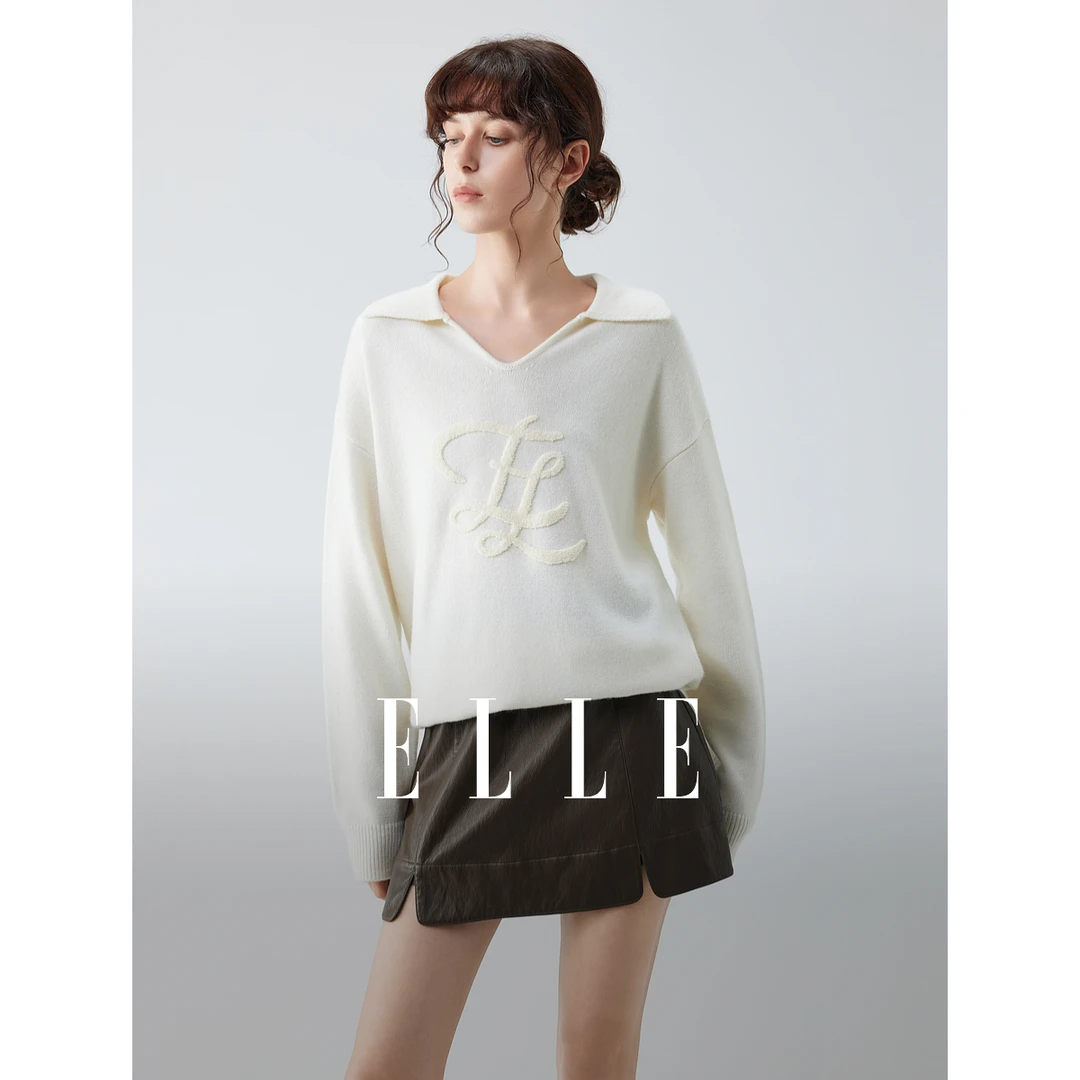 ELLE法式绵羊毛针织衫女2025秋季设计感套头软糯通勤毛衣EM52414