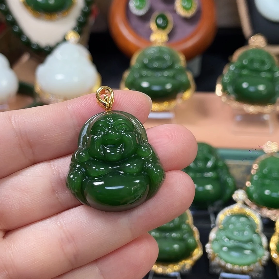 和田玉（碧玉）18K金镶嵌颈饰辣绿佛公30