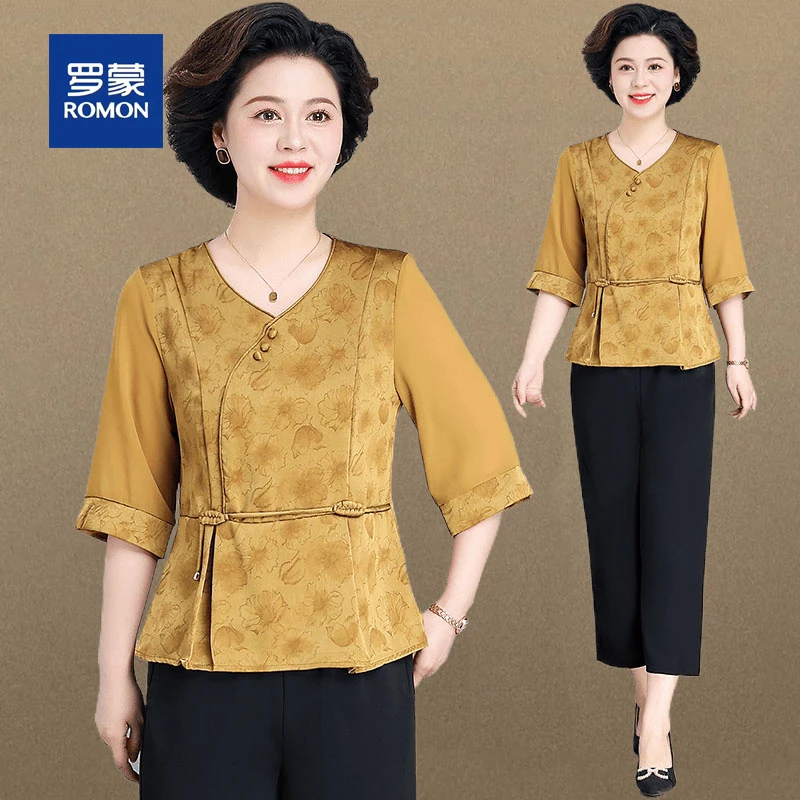 罗蒙中年妈妈夏装新中式国风T恤小衫套装中老年女装气质衬衫上衣