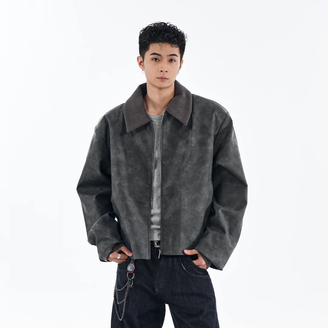 CZ2美式街头机车皮衣复古Pu皮短款简约皮衣夹克潮宽松翻领外套