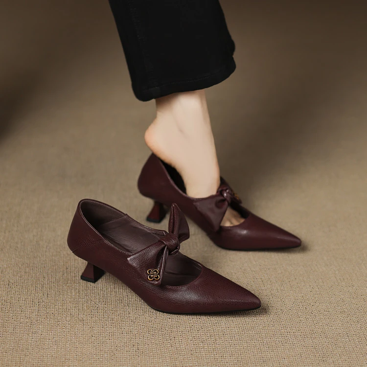 羊皮~5cm法式复古尖头浅口单鞋女蝴蝶结玛丽珍鞋细跟高跟鞋配裙子