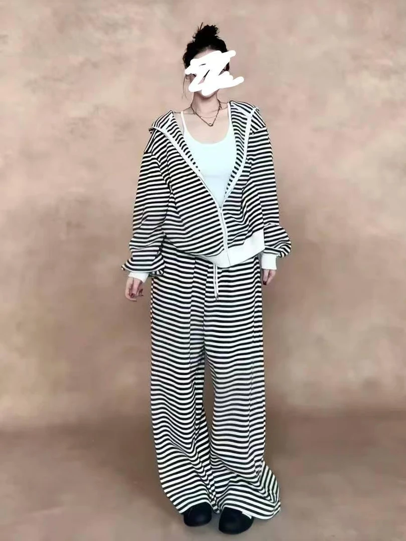 休闲运动套装女春秋季撞色条纹连帽卫衣外套上衣阔腿长裤子一整套