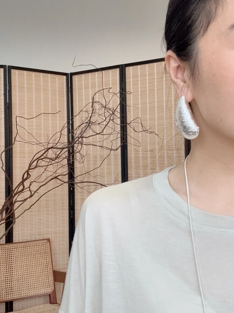 铜合金耳饰 （芭蕉叶）个性银色水滴耳钉时尚小众