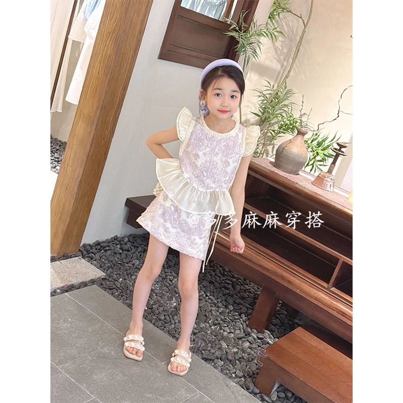 小飞袖洋气公主裙套装夏装镂空泡泡袖女孩套装23951#