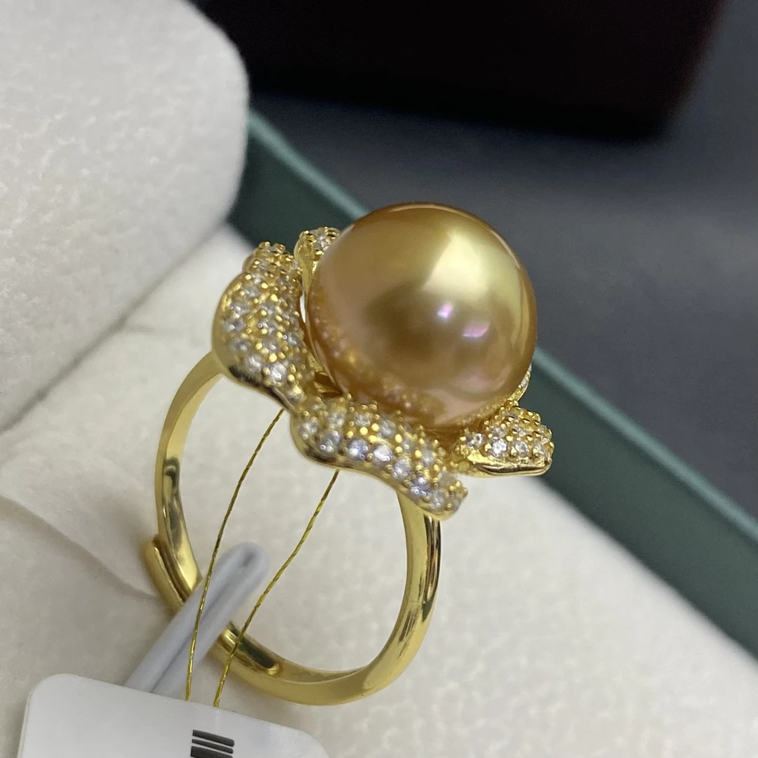 天然浓金色南洋金珠戒指无调色海水珍珠介子925银活口珍珠戒指送