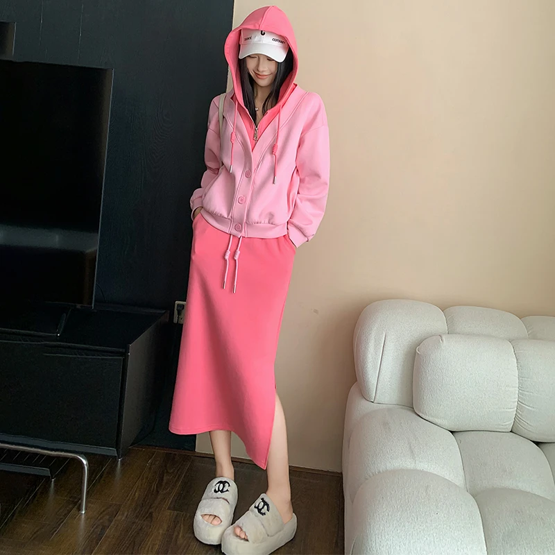 时尚休闲设计感运动套装女秋季新款韩版连帽卫衣开叉半身裙两件套