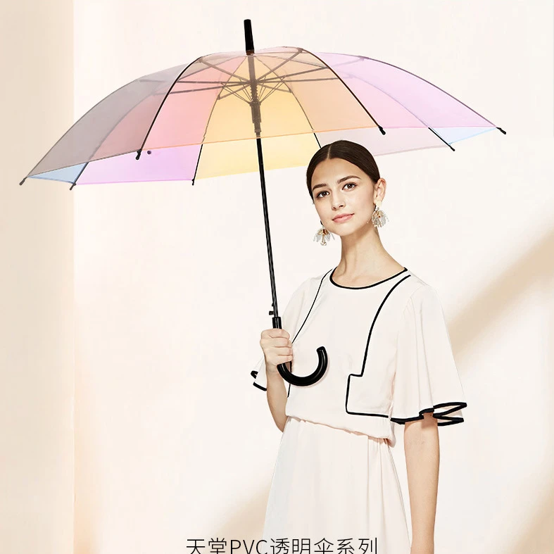 2025新款时尚梦幻七色彩虹颜色透明雨伞小清新大人小孩自动长柄伞